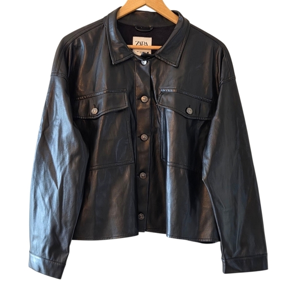 Zara Women's Faux Leather Oversize Cropped Button Down Shirt Black Size Large - Picture 5 of 12